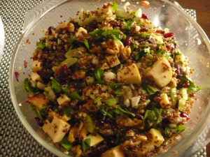 Quinoa salad with apples, walnuts, dried cranberries, and gouda
